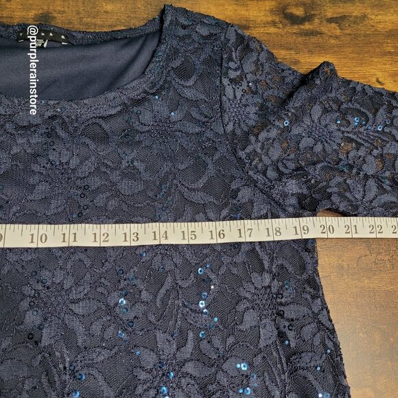 Tiana B Sequins Floral Lace Midi Dress 16 W Navy Dark Coquette Ethereal - Picture 8 of 11